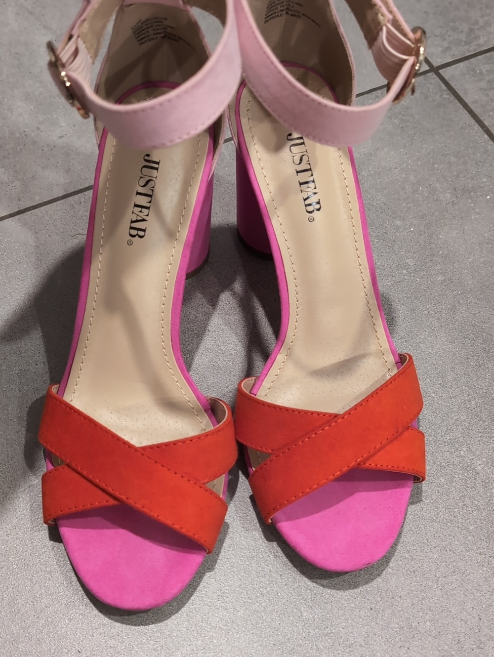 JustFab 👠Gorgeous Pink And Red Cross-Strap Ankle-Heel Faux Suede Sandals